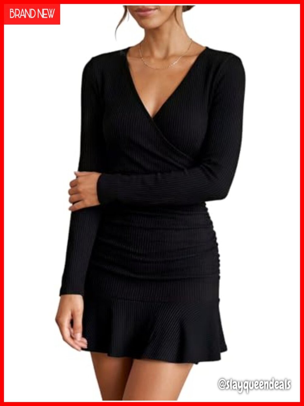 Women's Ruched Sweater Dress Slim Fit Deep V Neck Long Sleeve Mini